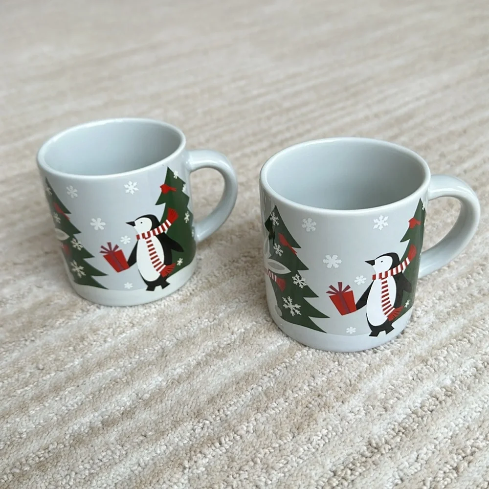 2 Crate & Barrel-Joan Anderson-Jolly Trio Child's Mug Christmas Trees/Rabbit/Fox